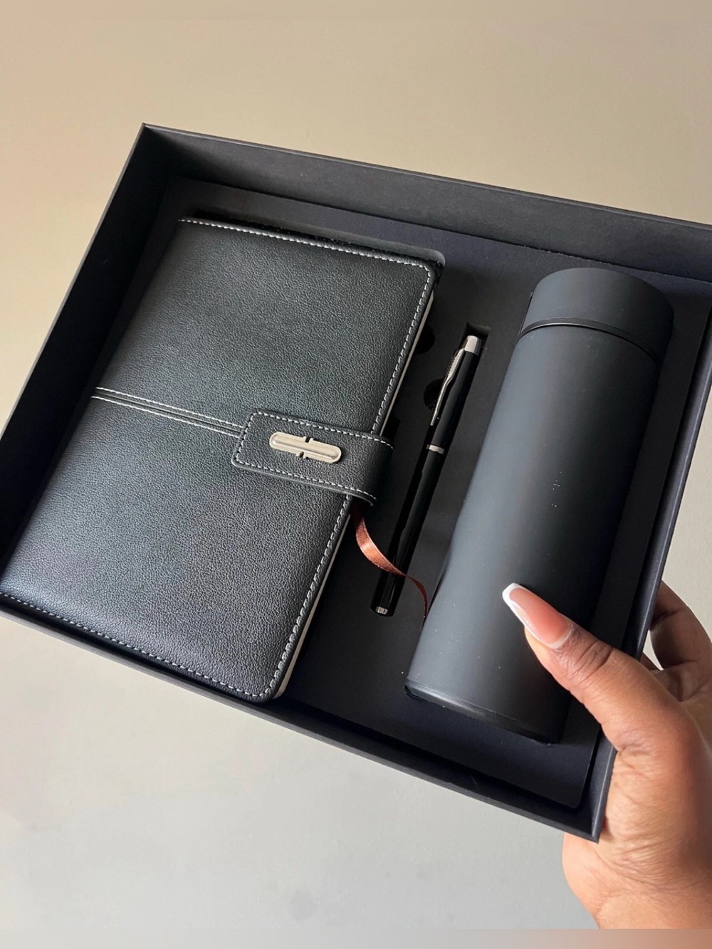 Black Journal Notebook Gift Set with Pen & Insulated Mug – Business Holiday Gift